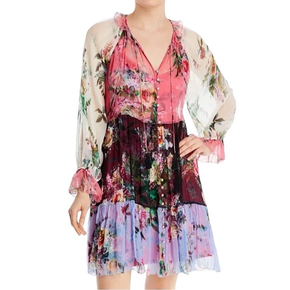 Johnny Was Dresses & Skirts - Johnny Was Jade Silk Floral Blouse Peasant Boho Button Tie Front Tunic‎ Top /M